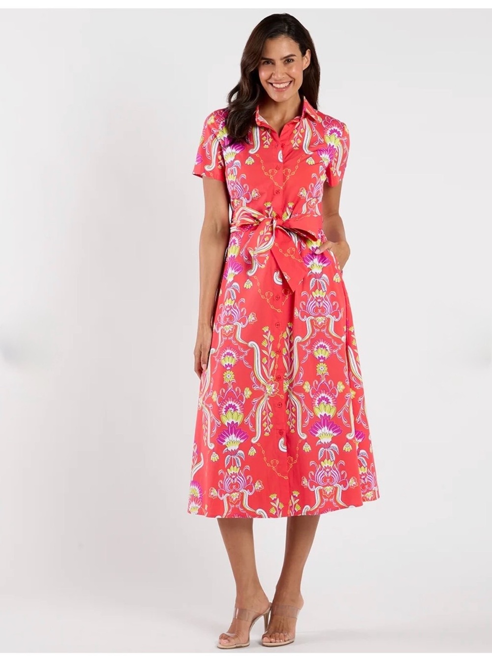 Jude Connally Cotton Blend, Coral Floral Tie-Waist Midi Dress NWOT Size S